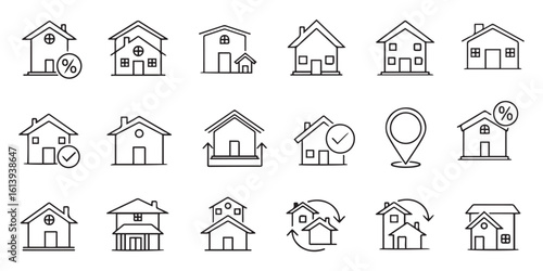 Collection of Black and White House Icons Line Art Drawings Home Real Estate Symbols Percentage Checkmark Location Marker House Exchange