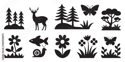 Black Silhouette Icons Set Featuring Deer Trees Butterflies Flowers Fish Snail Nature Wildlife Symbols