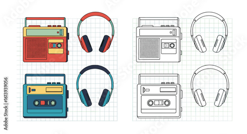 Retro boombox and headphones music listening devices vector art collection celebrating vintage audio technology and nostalgic sound experience
