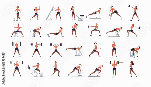 A high-quality vector set featuring a fit woman performing 20 different gym exercises and workout poses using various gym equipment and machines. Includes activities like squats, lunges, push-ups, pla
