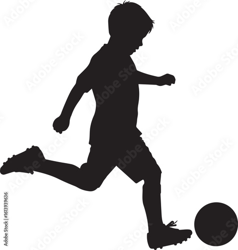 kids playing football silhouette vector, child soccer silhouettes for sports design, vector of children kicking ball in black, football activity silhouettes for kids sports template