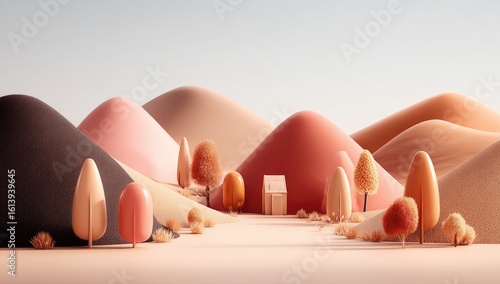 Pastel hills, tiny trees, cozy house