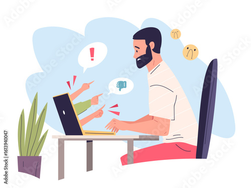 Cyberbullying. Cyber bullying, online hate social media violence bully sad man victim at computer laptop digital stress cyberbully depression abuse bad messages vector illustration