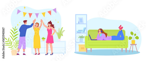 Extravert and introvert. Shy woman or talkative sociable person, social extroversion extraversion introversion alone personality behavior extrovert mindset type vector illustration