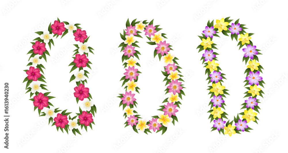 Hawaiian flower necklace. Hawaii lei flowers garland, realistic 3d tropical exotic floral wreath frame aloha party necklaces summer vacation collar bracelet set vector illustration Hawaiian flower necklace. Hawaii lei flowers garland, realistic 3d tropical exotic floral wreath frame aloha party necklaces summer vacation collar bracelet set vector illustration