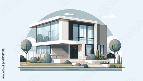 Sleek modern architectural home design with expansive glass windows and manicured landscaping, conveying luxury and contemporary living.
