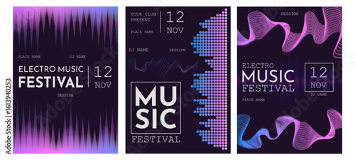 Music wave posters. Sound waves abstract background, electro party flyer design dj night club event dance concert cover brochure neon gradient line electronic vector illustration