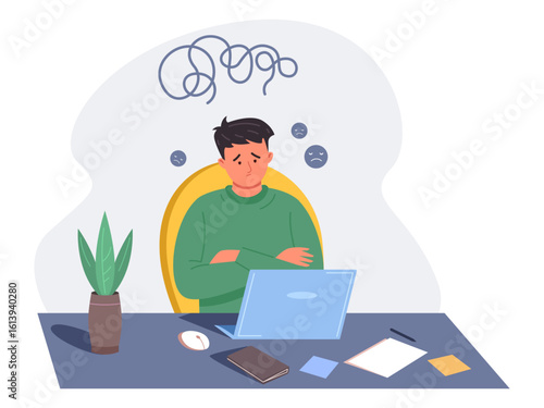 Student problem at computer. Exhausted sad guy home desk with laptop, homework or office employee work learning education frustrated teenager person study table vector illustration