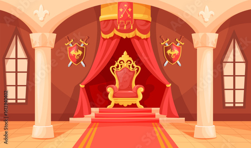 Royal throne room. King palace royal hall cartoon interior, kingdom medieval castle fairytale ballroom inside game background ancient monarch chair museum, neat vector illustration