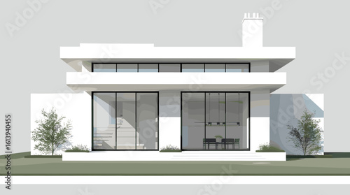 Stunning modern white villa featuring expansive glass windows and minimalist architectural design with lush landscaping
