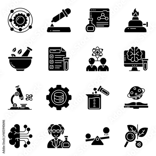 Set of Science and Physics Solid Icons

