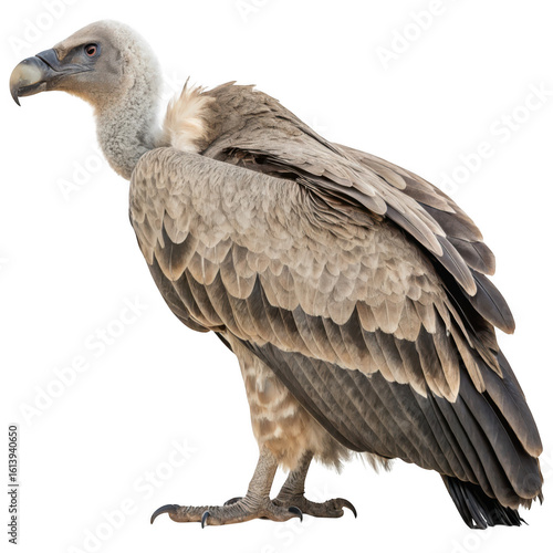 A griffon vulture stands tall, showcasing its impressive plumage against a white backdrop isolated on transparent background