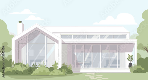 Stunning modern white house with large glass windows and lush green garden, perfect for architectural design inspiration
