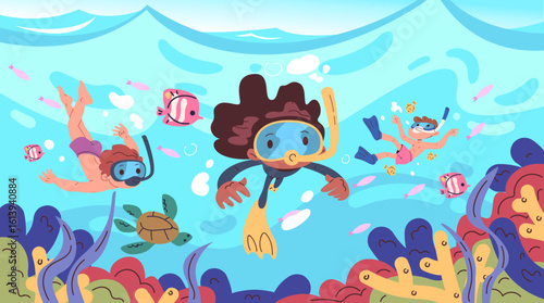 Children snorkeling. Cartoon kids scuba diver underwater sea background, little divers boy girl in snorkel goggles mask swim under deep ocean water, classy vector illustration