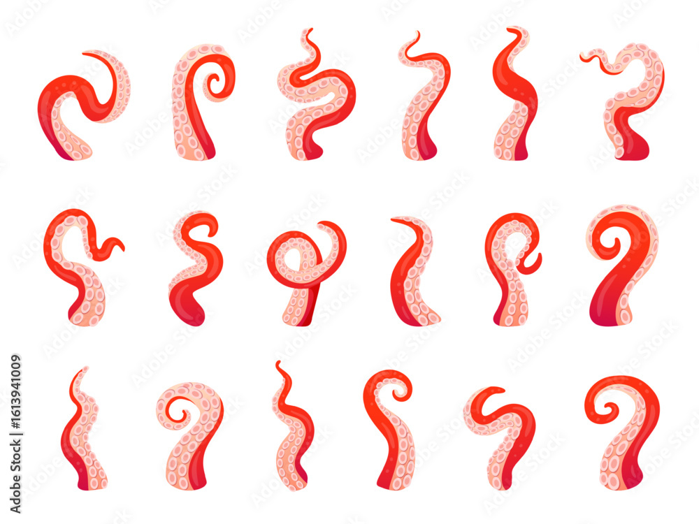 Naklejka premium Cartoon octopus tentacles. Octopuses tentacle sucker, squid arm cuttlefish leg kraken cthulhu sea giant monster underwater danger animal fantasy creature swanky vector illustration