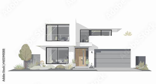 Stunning modern white house with clean lines, large windows, and minimalist landscaping, perfect for architectural portfolios