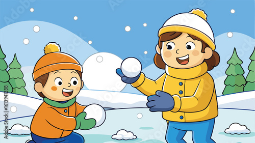 Children playing in the snow happily, vector illustration