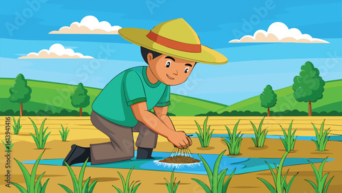 Farmer planting rice in a green field, vector illustration