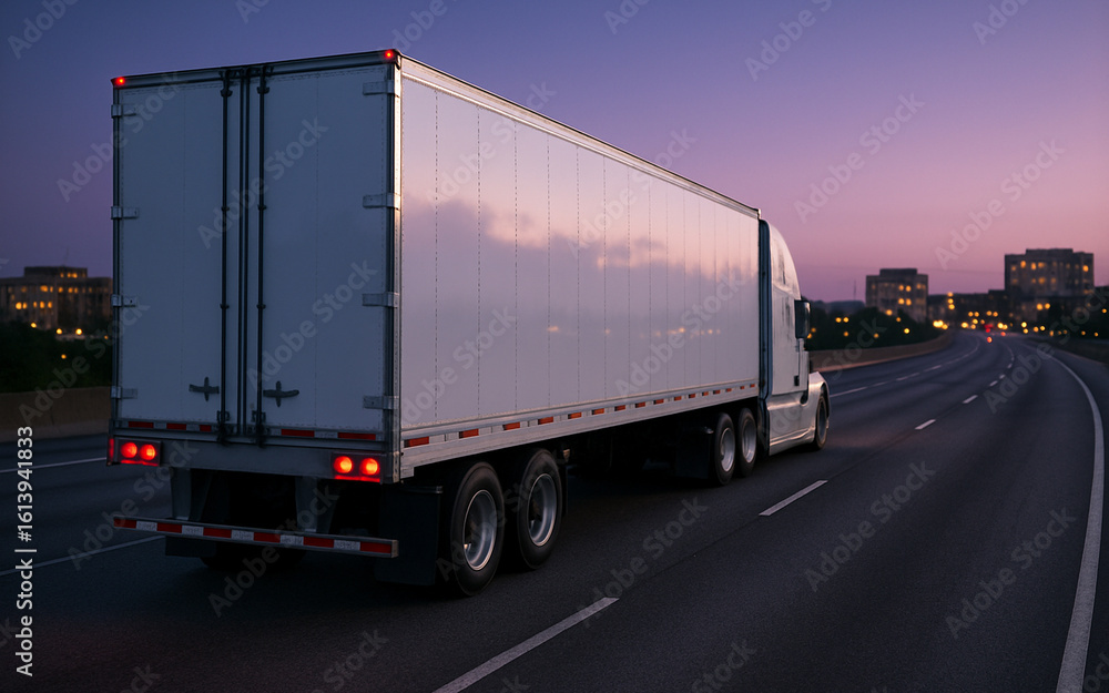 Dawn's Delivery: A Long-Haul Truck Cruises Down a Highway at Twilight, Its White Trailer Reflecting the Fading Hues of the Sky, Symbolizing Commerce, Logistics, and the Unending Movement of Goods Acro Dawn's Delivery: A Long-Haul Truck Cruises Down a Highway at Twilight, Its White Trailer Reflecting the Fading Hues of the Sky, Symbolizing Commerce, Logistics, and the Unending Movement of Goods Acro