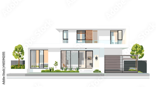 Modern minimalist luxury villa showcasing sleek architectural design with large glass windows and lush green landscaping