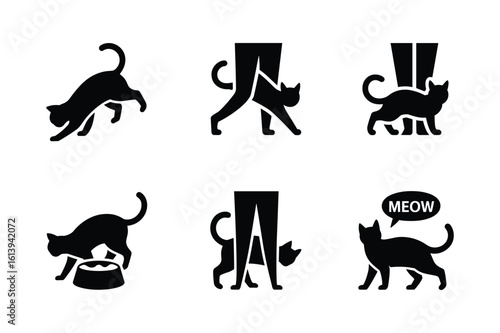 Black cat silhouettes in various poses and interactions with human legs feline animal