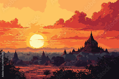 Sunrise over Bagan Pagodas Myanmar isolated