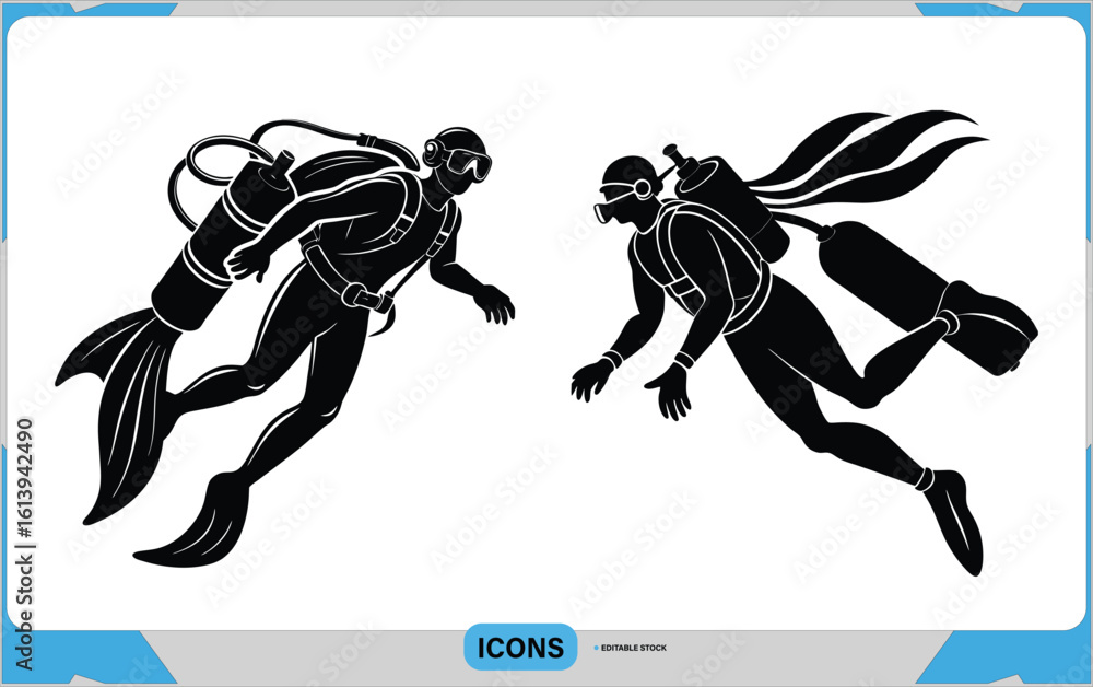 Fototapeta premium Scuba Diver Vector Icon - Underwater Diving and Ocean Exploration, Diving Icon for Ocean and Adventure Sports