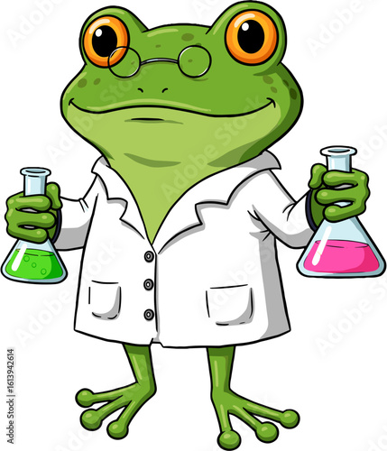 A cartoon frog scientist holding two beakers filled with colorful liquids.