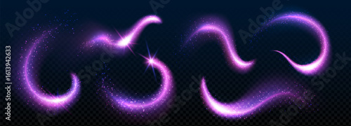 Glowing magic dust trails with fairy sparkles - purple luminous swirls, mystical light particles and shimmering stardust effects on dark for fantasy artwork, spell casting or enchanted digital designs