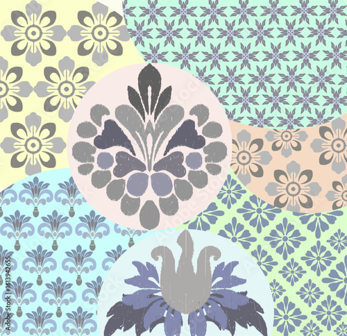 Elegant Ikat-Inspired Pastel Damask and Floral Motif Pattern with Soft Vintage Textures and Circular Accents