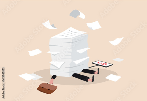 Overwork and overload work make employee exhausted and stressed leads to depression, burnout and low efficiency, fatigue business woman buried under pile of paper or unfinished work near deadline.