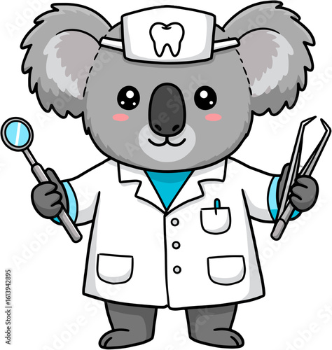 A cute koala dressed as a dentist, ready to help you with your teeth.