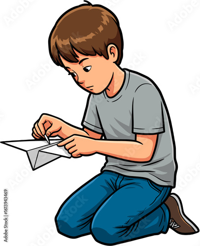 A focused boy crafting a paper airplane.