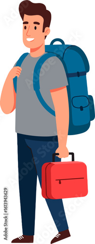 A traveler with a backpack and a suitcase ready for a journey.