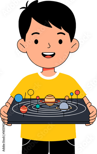 A young boy proudly displays a solar system model.