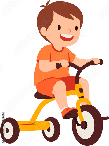 A cheerful young boy riding a colorful tricycle.