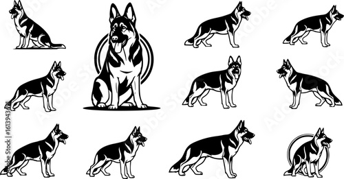 German shepherd dog breed black silhouette logo set
