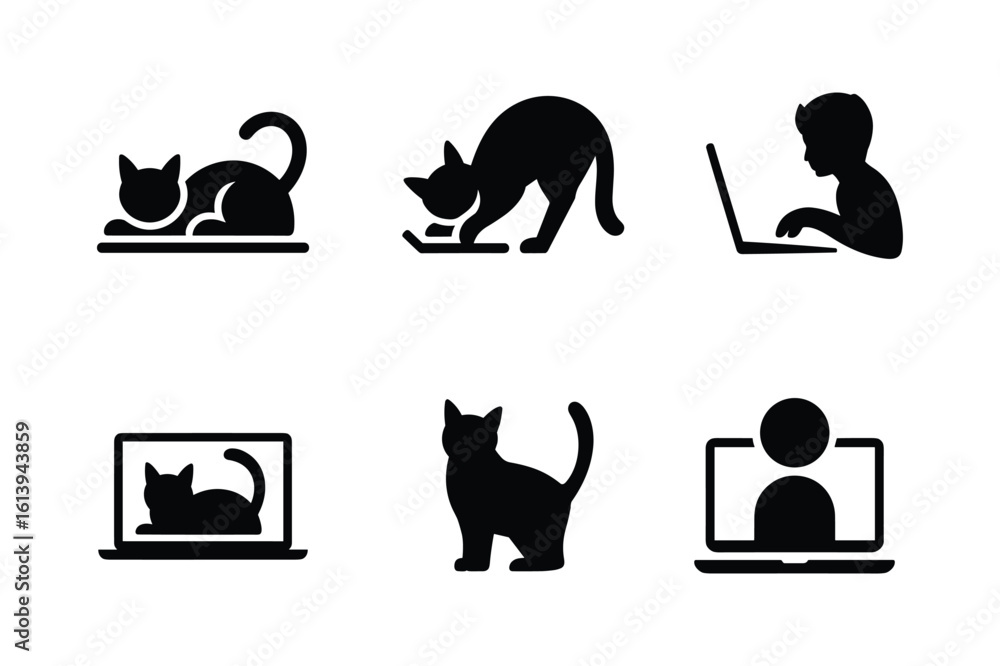 Obraz premium Black cat silhouettes interacting with technology and a person using a laptop vector