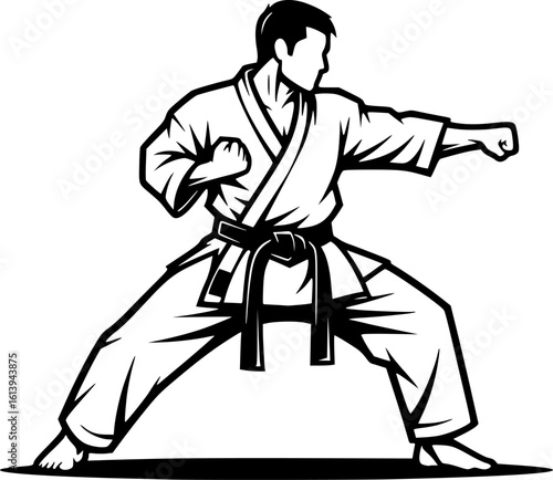 Karate fighter with black belt dynamic pose stance black silhouette logo vector
