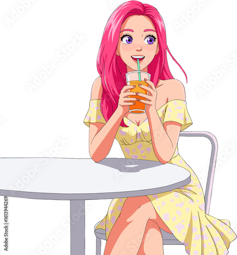 Young woman enjoying beverage with a straw at the cafe.