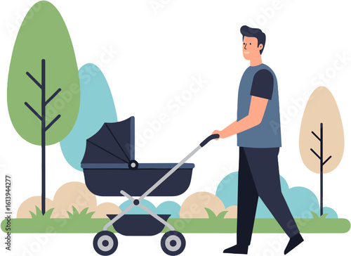 A man strolling in the park with a baby carriage.