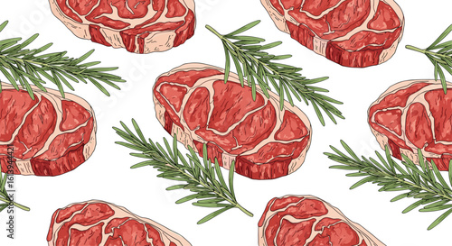 A delicious pattern of fresh raw beef steaks and aromatic rosemary sprigs on a white background