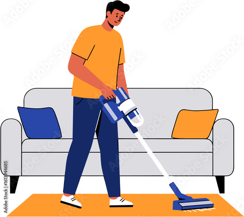 Man cleaning the living room floor with a vacuum cleaner.