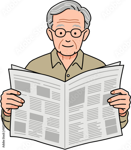 An elderly man reading a newspaper with focus and concentration.
