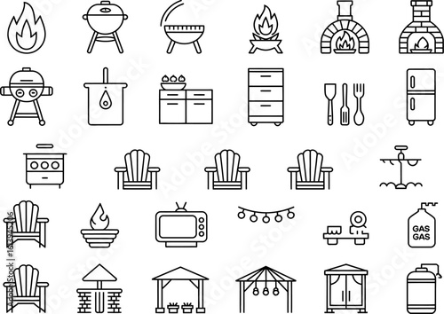 Outdoor living icons set for backyard fun and relaxation