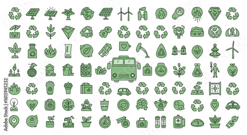 Vast collection of sustainable living and green energy icons representing environmental consciousness