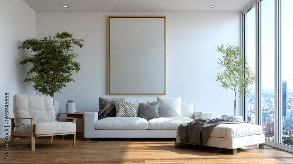 Fototapeta premium Modern minimalist living room with large window and city view