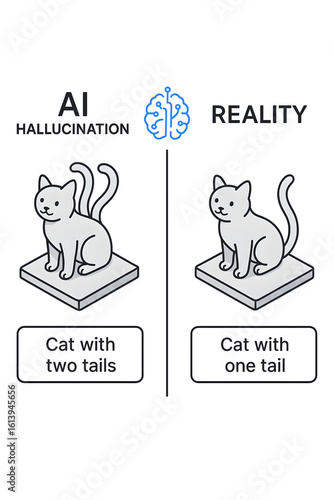 Cat illustration showing AI hallucination with two tails and reality  