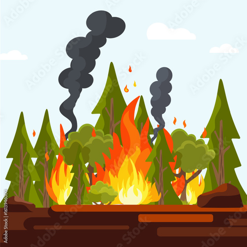 Flat Vector illustration of Forest fire with blazing flames, thick black smoke , burning trees. Symbolizes ecological disaster, danger of forest fires in summer, climate change, deforestation problems