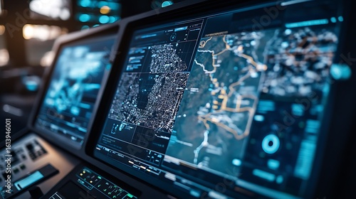A next-gen command interface showing military strategy maps and autonomous drone data 
